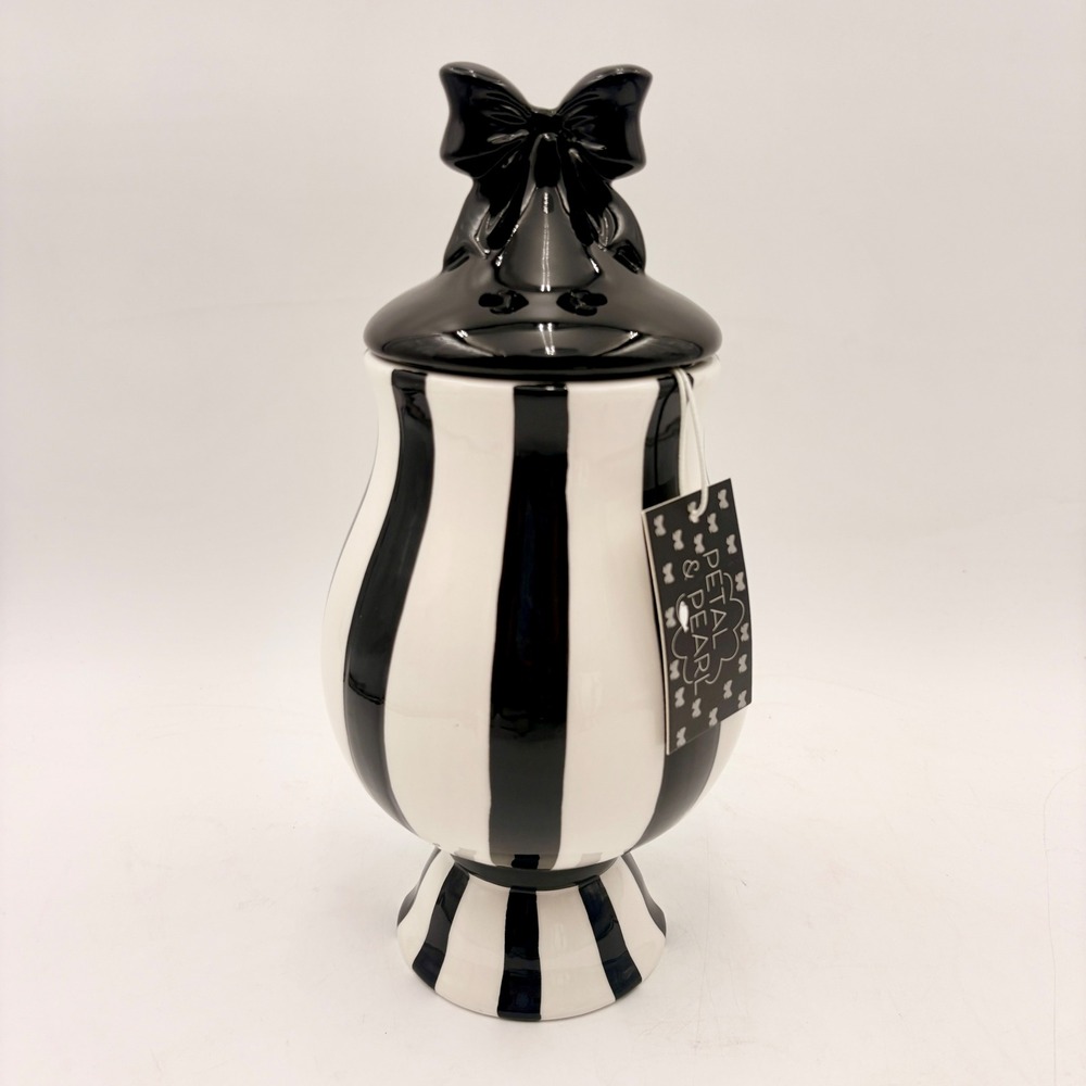Petal & Pearl Black White Striped Ceramic Canister Bow Lid Jar  NEW